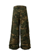 Mens wide leg camouflage cargo pants in green and brown pattern