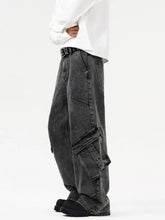 Men’s wide-leg cargo jeans in dark gray cotton denim with multiple pockets and rugged texture for durable wear