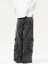 Men’s wide-leg cargo jeans in dark gray cotton denim with large pockets and a faded distressed finish