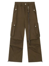 Mens wide leg cargo pants in olive green with pockets and braided cord