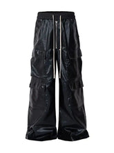 Mens wide leg cargo pants with drawstring waist and tiered pockets