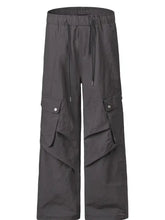 Mens wide leg cargo pants with drawstring waist in dark grey