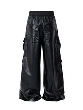 Mens wide leg cargo pants with drawstring waist, black shiny fabric