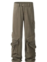 Mens wide leg cargo pants in olive green with multi pockets