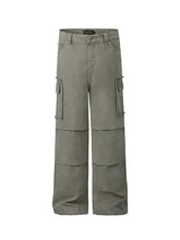 Mens wide leg cargo pants in olive green with multi-pockets