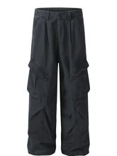 Mens wide leg cargo pants in dark grey with multiple pockets