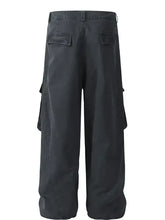 Mens wide leg cargo pants in dark gray with multi pockets
