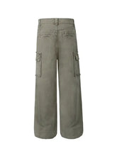 Mens wide leg cargo pants in olive green with distressed edges