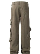 Mens wide leg cargo pants in olive green with multiple pockets
