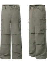 Mens wide leg cargo pants in olive green with layered panels and multi-pockets