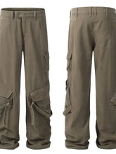 Mens wide leg cargo pants in olive green with multi pockets