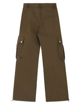 Mens wide leg cargo pants in olive green with side pockets