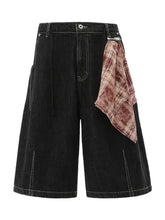 Black denim wide-leg shorts with plaid accent