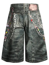 Mens wide leg distressed black denim shorts with chains and charms
