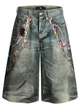 Mens wide leg distressed black denim shorts with chains and charms