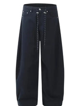 Mens wide leg drawstring cargo pants in dark blue