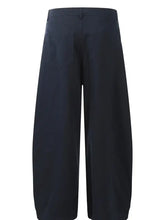 Dark blue mens wide leg drawstring cargo pants with subtle sheen