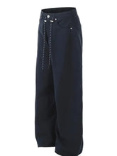 Mens wide leg drawstring cargo pants in dark blue with braided cord