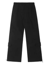 Black mens wide leg drawstring pants with cargo details