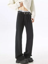 Men wide leg black denim pants with straight hem and belt loops in a wide leg denim style