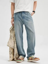 Men’s wide leg light-wash denim jeans with a relaxed straight-leg cut and classic five-pocket design