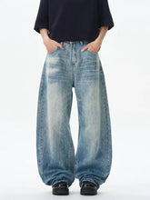 Men wide leg jeans in faded blue wash with subtle distressing and relaxed oversized fit in denim material