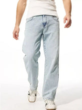Men’s light-wash denim wide leg jeans with a relaxed straight-leg cut and classic stitching details