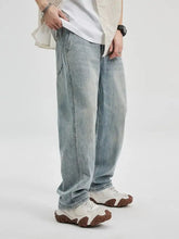 Men’s wide leg jeans in light-wash denim with a relaxed straight-leg cut and visible stitching details