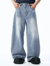 Men’s wide leg jeans in light-wash denim with a relaxed fit and subtle vertical ribbing visible from the back side