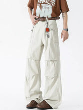 Men’s wide leg jeans in beige cargo fabric with multiple leg cargo pockets and a relaxed wide leg cut