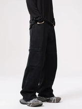 Men’s black wide leg cargo pants with multiple pockets and relaxed fit suitable for casual wear