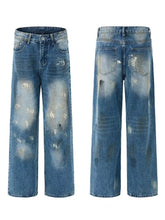 Men’s wide leg jeans in blue denim with a distressed faded wash and intentional rips on the thighs