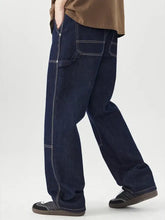 Men’s wide leg jeans in dark blue denim with white stitching and a relaxed wide leg cut