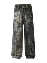 Mens wide-leg dark wash denim jeans with distressed marbled gray and black pattern for casual wear