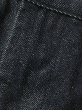 Men’s wide leg jeans in dark-wash denim with visible diagonal weave and contrasting white stitching along the seam