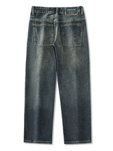 Men’s wide leg jeans in dark-wash denim with a relaxed fit and faded distressed texture