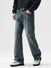 Men’s wide leg dark-wash denim jeans with a relaxed straight-leg cut and classic five-pocket design