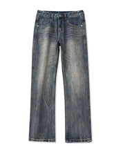 Men’s wide leg jeans in dark-wash denim with a straight-leg cut and subtle fading for a worn-in look