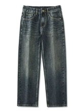 Men’s wide leg jeans in dark-wash denim with a straight-leg cut and faded distressed detailing