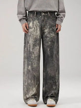 Men’s wide-leg jeans in distressed gray and white marbled wash made of denim for a stylish casual look