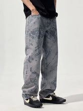 Men’s wide leg jeans in gray denim with a faded marbled pattern showcasing a relaxed fit and durable material