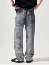 Men’s wide leg jeans in gray marble-patterned denim featuring a relaxed fit and wide leg design