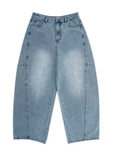 Men’s light-wash denim jeans with a high-rise wide-leg cut and visible stitching details