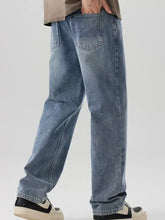 Men’s wide leg jeans in light-wash denim with a relaxed straight-leg cut and classic back pockets shown from the back
