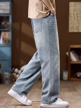 Men’s wide leg jeans in light-wash denim with a relaxed straight-leg cut and classic stitching details