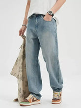 Men’s wide leg jeans in light-wash denim with relaxed straight-leg cut and classic five-pocket design