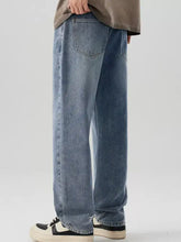 Men’s wide leg jeans in light-wash denim with a relaxed straight-leg cut and classic back pockets shown from the back