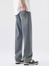 Men’s light-wash denim wide leg jeans with relaxed straight-leg cut and subtle fading on the thighs