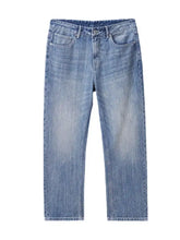 Men’s wide leg jeans in light-wash denim with a straight-leg cut and classic five-pocket design