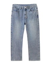 Men’s wide leg jeans in light-wash denim with a straight-leg cut and classic five-pocket design